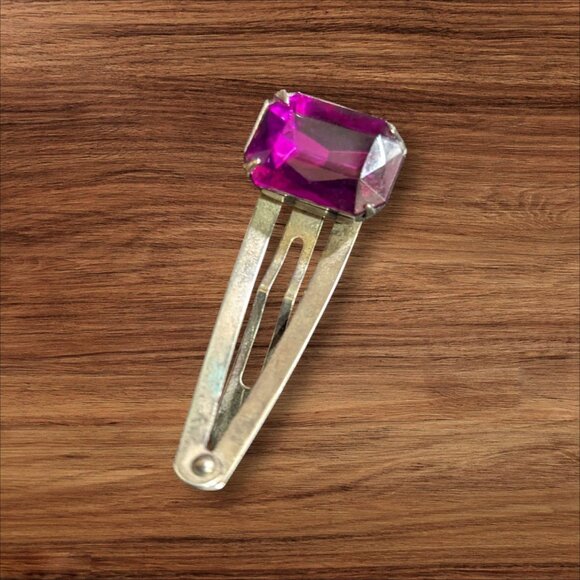 vintage Metal Hair Clip With Large Purple Gemstone Accent Estate Retro - Picture 1 of 5